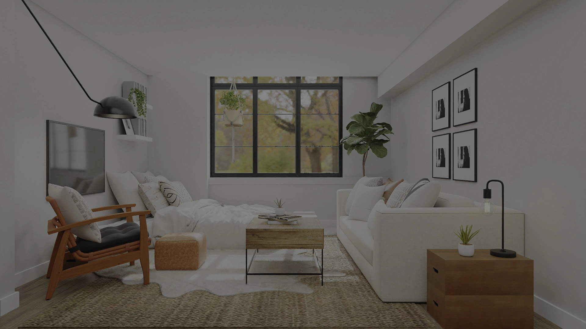 Sala de estar em tons neutros, com sofás, quadros, estilo minimalista